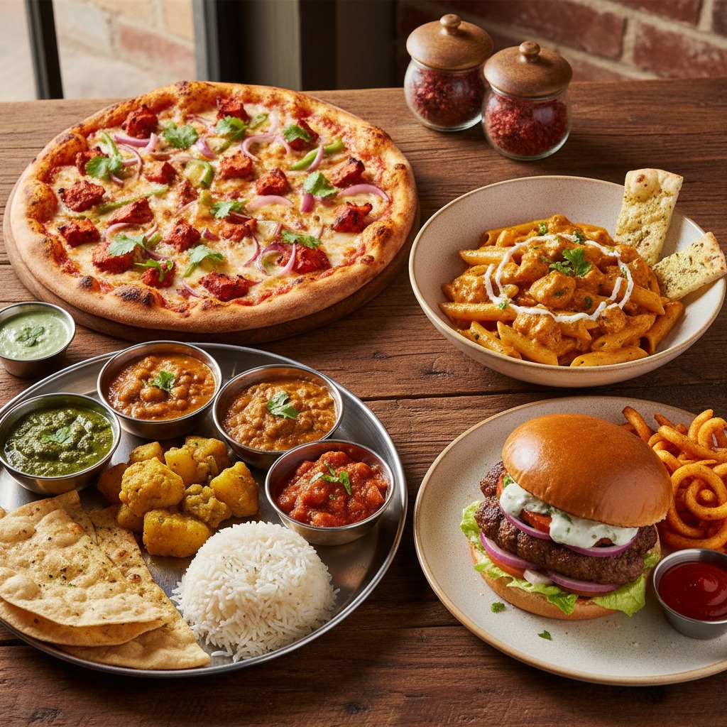 indian food,pizza,pasta, burger